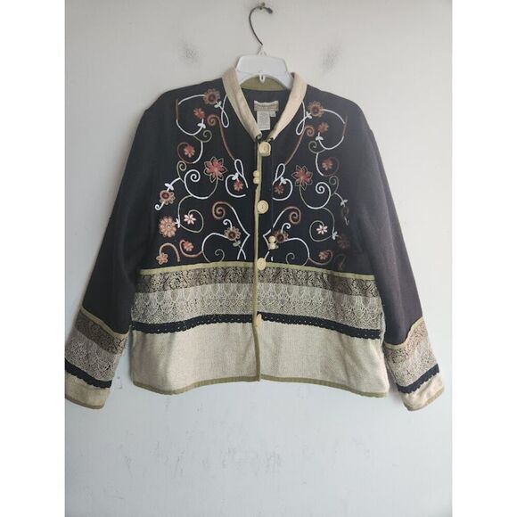 Coldwater Creek Black Beige Multicolor Embroidery Linen Cotton Jacket Large Pet - Picture 1 of 10